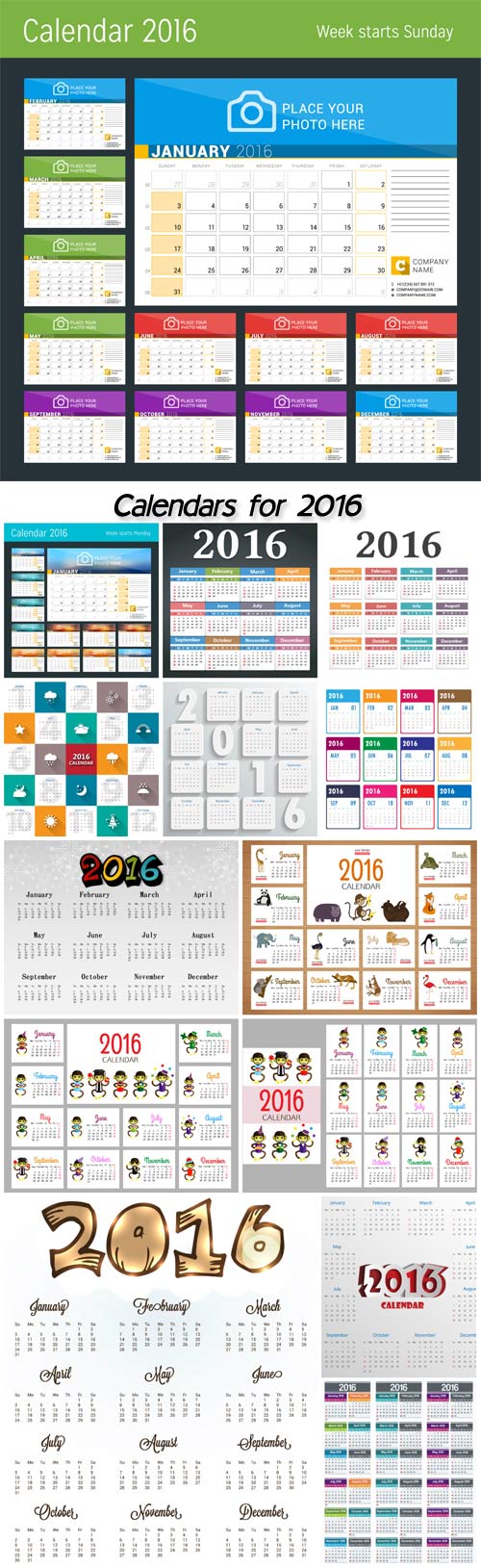 Collection of vector calendar for 2016