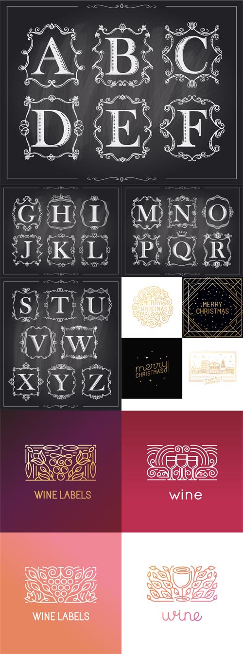 Vector Blackboard chalk vintage calligraphic letters in monogram and christmas, wine logos 2