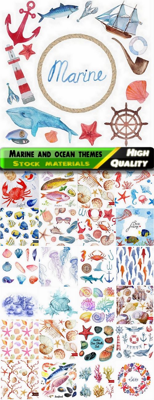 Watercolor illustrations with marine and ocean themes - 24 Eps