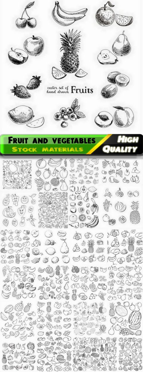Set of fruit and vegetables hand drawn sketches - 25 Eps