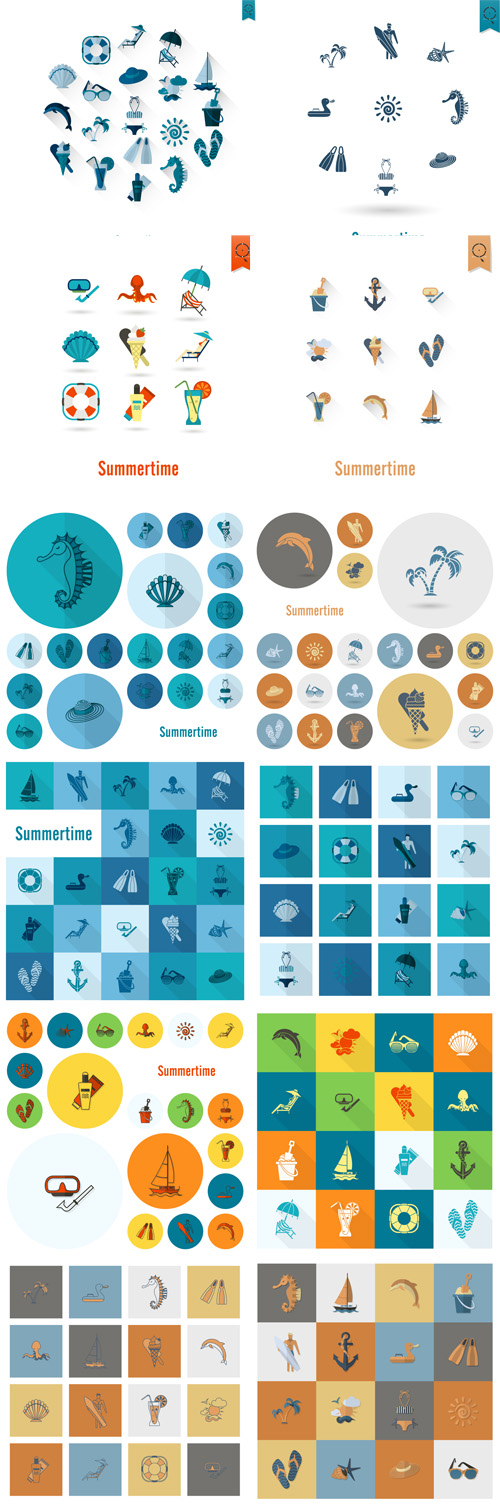 Summer and Beach Simple Flat Icons - Vectors