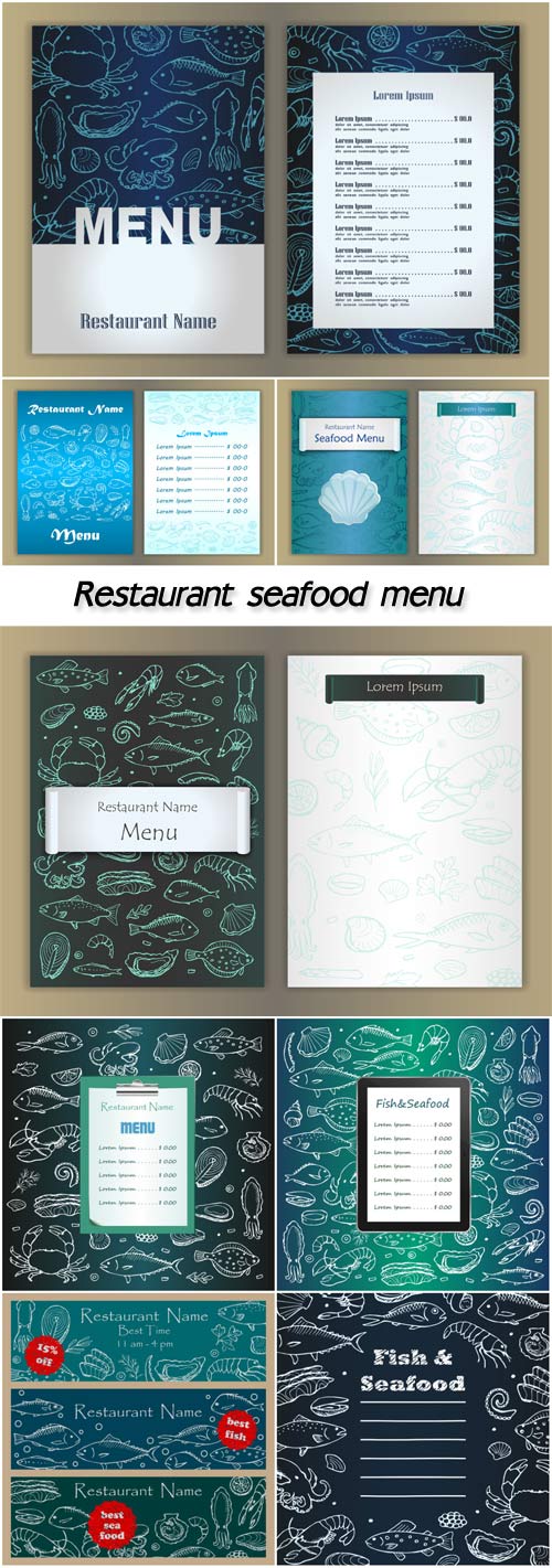 Restaurant seafood menu with hand drawn doodle elements