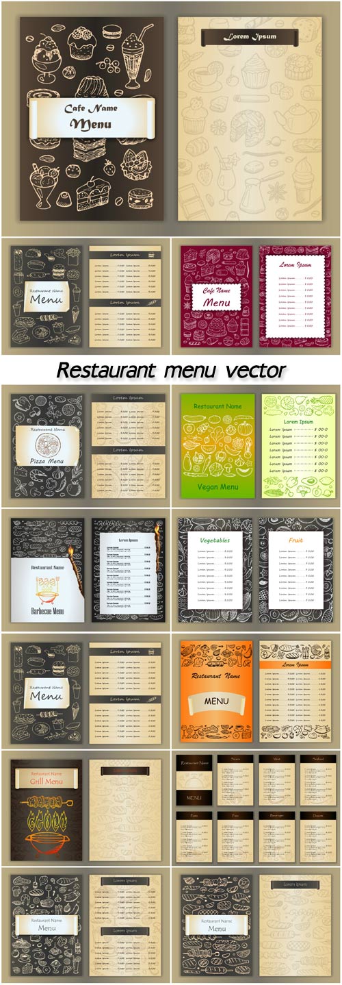 Restaurant menu with hand drawn doodle elements