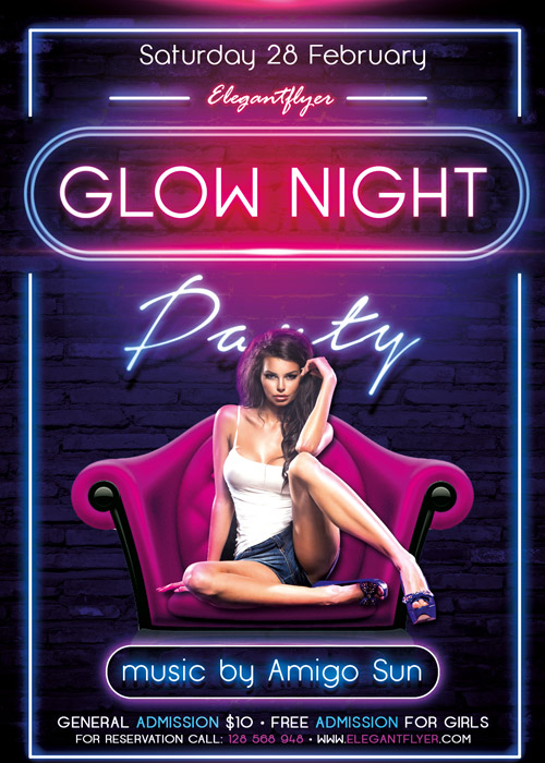 Glow Night Party Flyer PSD Template + Facebook Cover