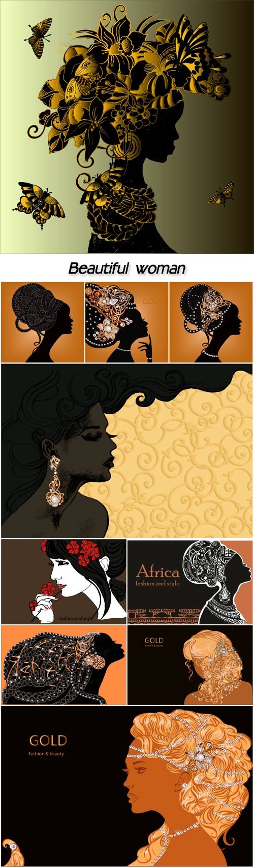 Silhouette of beautiful woman with flowers in her hair, woman with jewelry