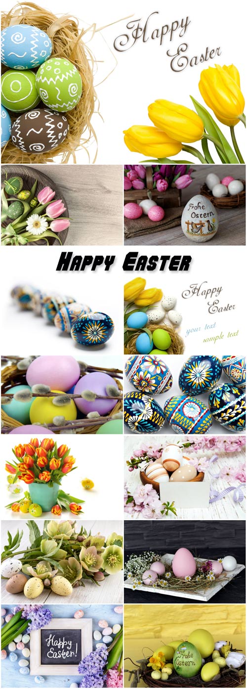 Easter composition of Easter eggs and flowers