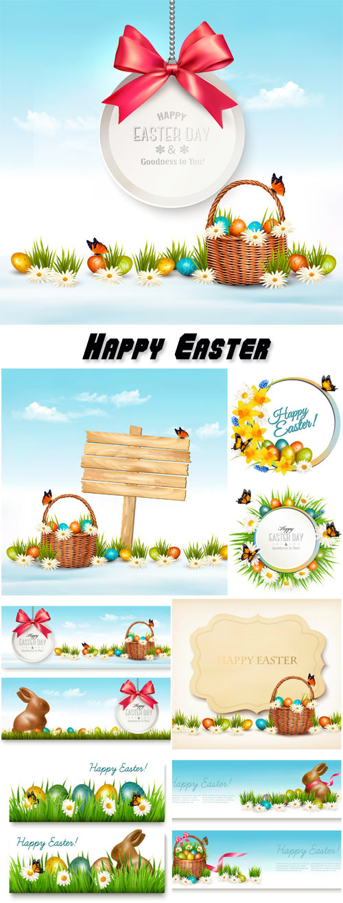 Holiday easter banners with basket and eggs and gift card