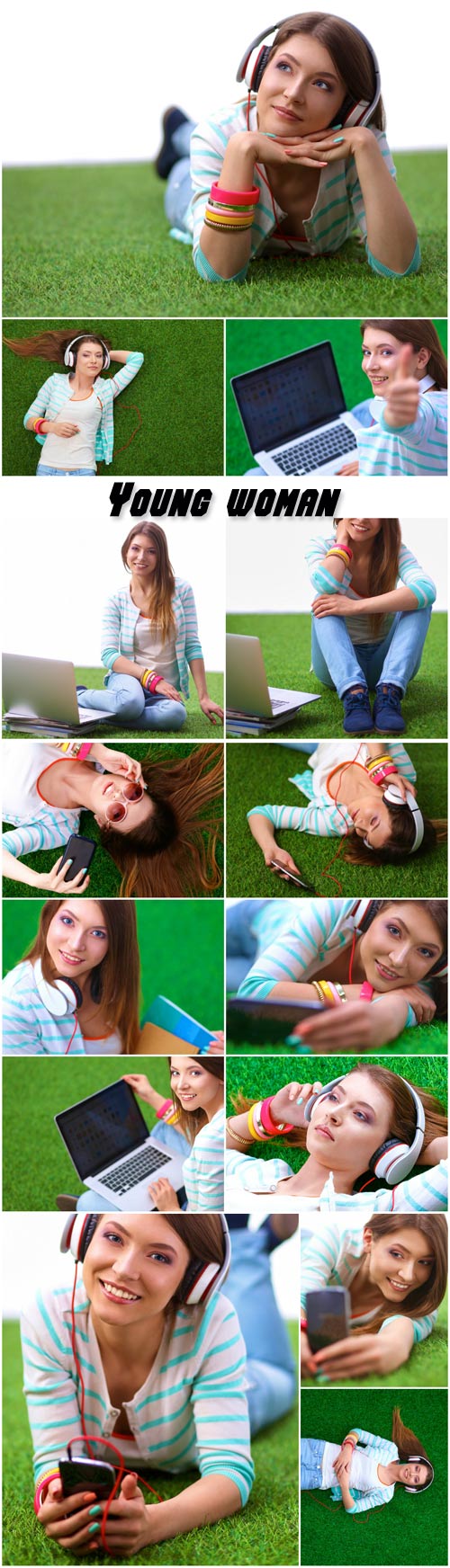Beautiful young woman with a phone and a laptop on the green grass