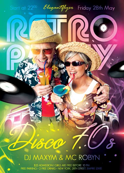 Retro Party Disco 70-s Flyer PSD Template + Facebook Cover