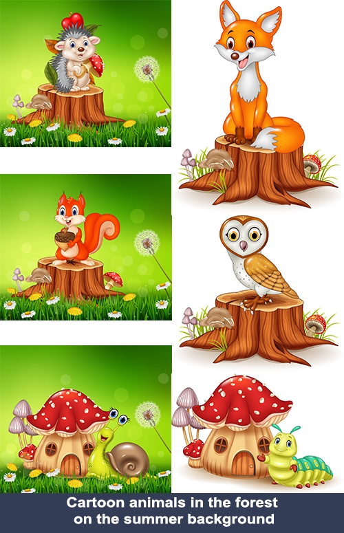 Сartoon animals in the forest on the summer background | Мультяшные животные в лесу на летнем фоне