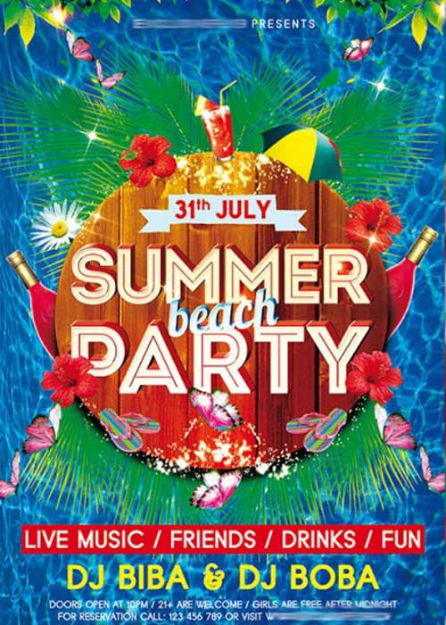 Summer V3 Beach Party Premium Flyer Template + Facebook Cover